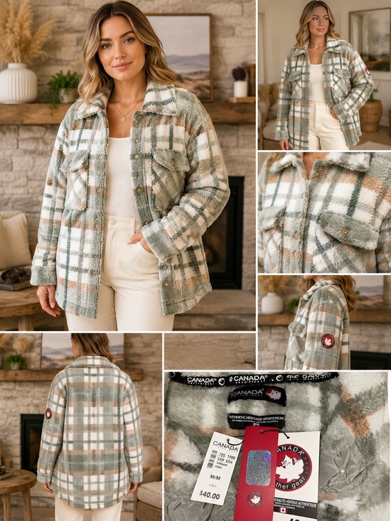 Canada Weather Gear Jackets & Blazers - Canada Weather Gear Women's Plaid Teddy Shacket - Sage & Cream